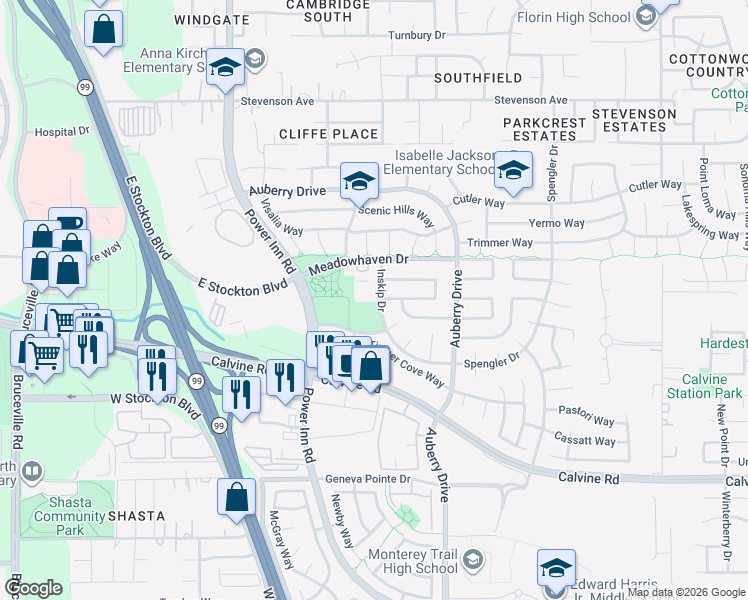 map of restaurants, bars, coffee shops, grocery stores, and more near 8232 Inskip Drive in Sacramento