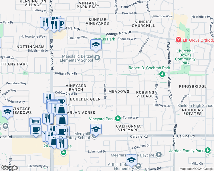 map of restaurants, bars, coffee shops, grocery stores, and more near 9077 Cobble Field Drive in Sacramento