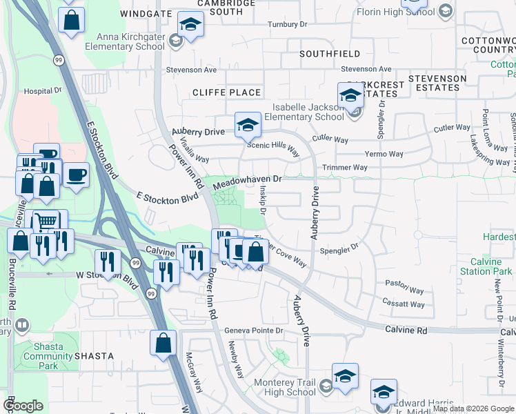 map of restaurants, bars, coffee shops, grocery stores, and more near 8232 Inskip Dr in Sacramento