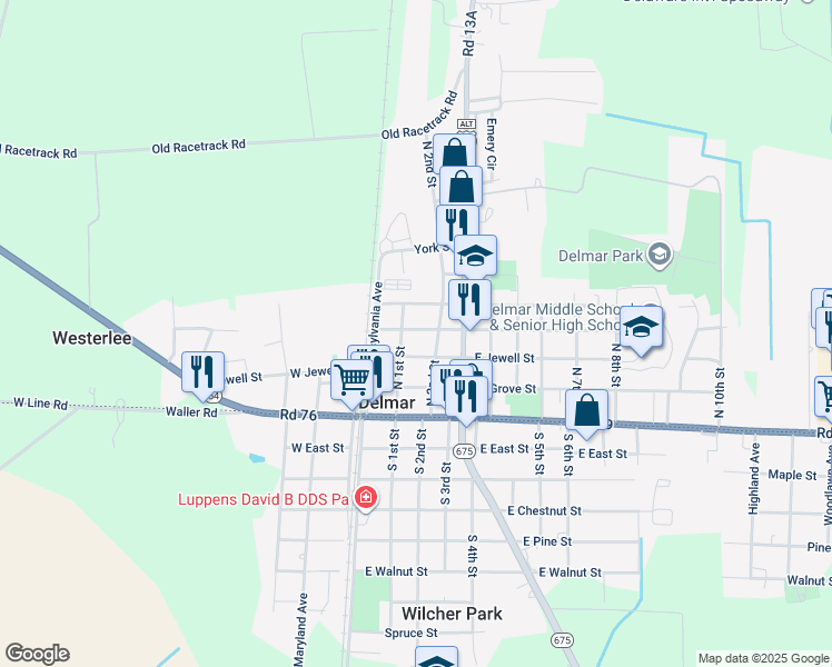 map of restaurants, bars, coffee shops, grocery stores, and more near 104 Delaware Avenue in Delmar