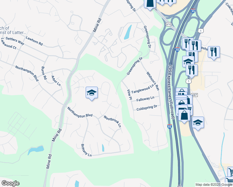 map of restaurants, bars, coffee shops, grocery stores, and more near 17 Waterfall Lane in Stafford
