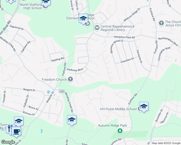 map of restaurants, bars, coffee shops, grocery stores, and more near 8 Sarrington Court in Stafford