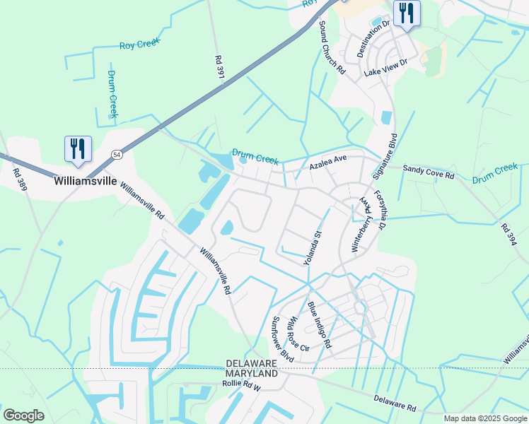 map of restaurants, bars, coffee shops, grocery stores, and more near Waterleaf Way in Selbyville
