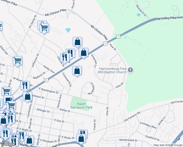 map of restaurants, bars, coffee shops, grocery stores, and more near 227 Emerson Lane in Harrisonburg