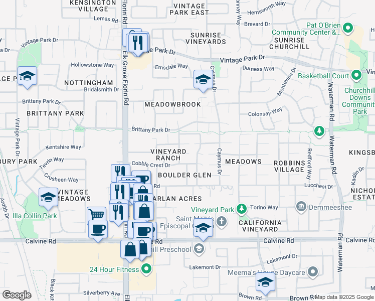 map of restaurants, bars, coffee shops, grocery stores, and more near 9013 Sand Field Court in Sacramento