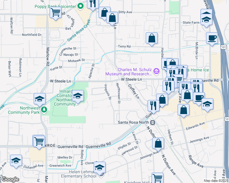 map of restaurants, bars, coffee shops, grocery stores, and more near 2681 Tan Oak Court in Santa Rosa