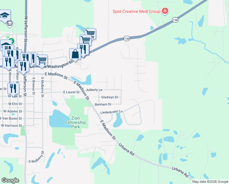map of restaurants, bars, coffee shops, grocery stores, and more near 109 Adderly Lane in Millstadt