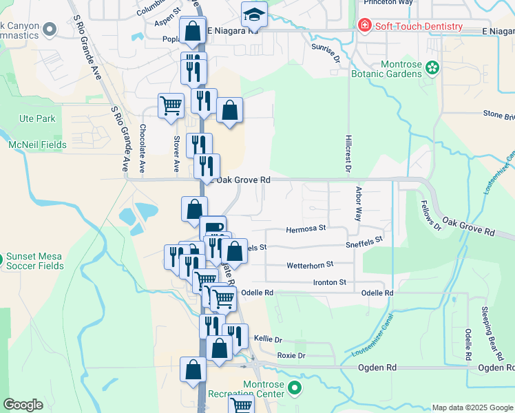 map of restaurants, bars, coffee shops, grocery stores, and more near 1598 Arland Road in Montrose