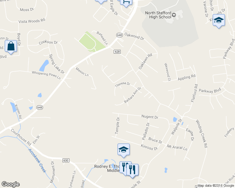 map of restaurants, bars, coffee shops, grocery stores, and more near 129 Theresa Drive in Stafford