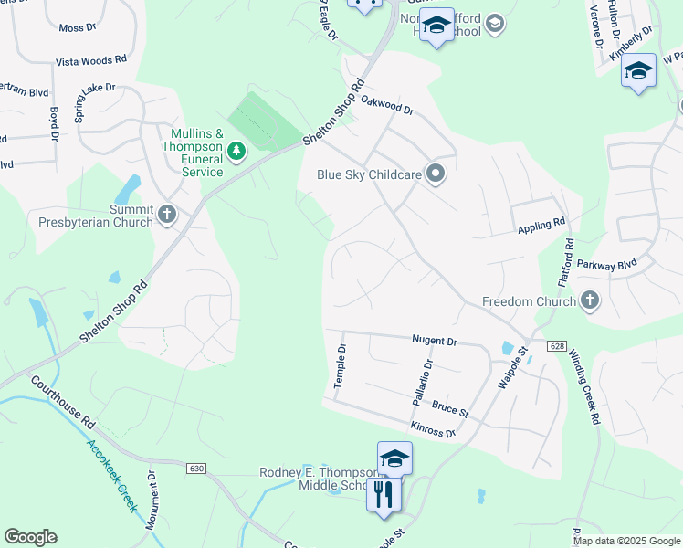 map of restaurants, bars, coffee shops, grocery stores, and more near 129 Theresa Drive in Stafford
