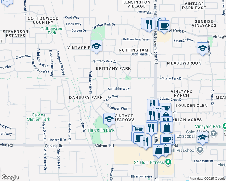 map of restaurants, bars, coffee shops, grocery stores, and more near 8748 Kentshire Way in Sacramento