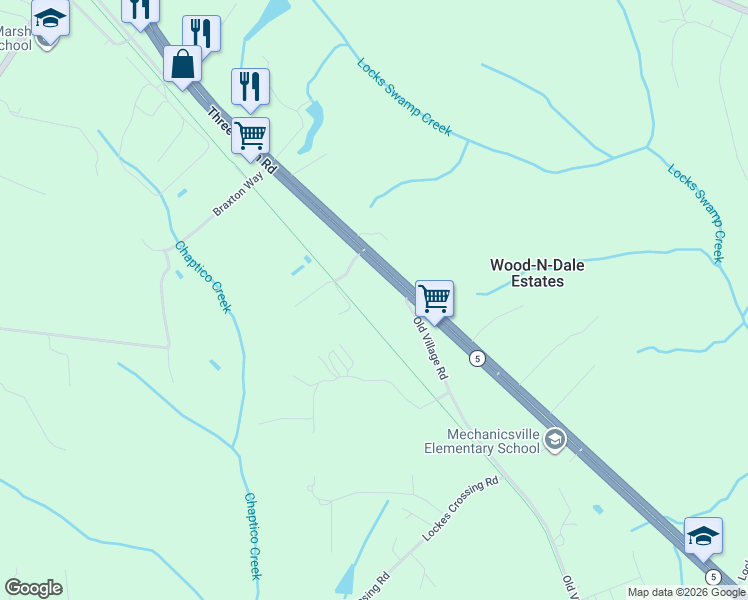 map of restaurants, bars, coffee shops, grocery stores, and more near 28795 Old Village Road in Mechanicsville