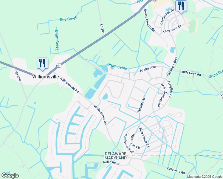 map of restaurants, bars, coffee shops, grocery stores, and more near 36328 Waterleaf Way in Selbyville