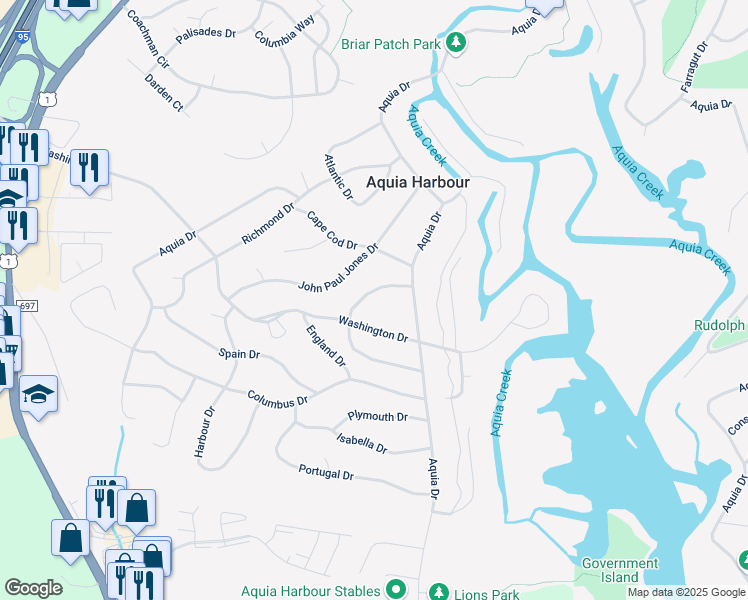 map of restaurants, bars, coffee shops, grocery stores, and more near 1107 Blackbeard Drive in Stafford