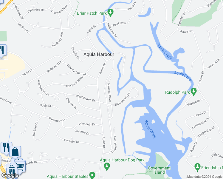 map of restaurants, bars, coffee shops, grocery stores, and more near 109 Nautical Cove in Stafford