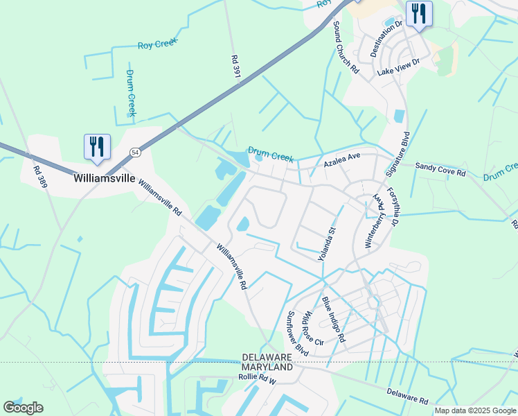 map of restaurants, bars, coffee shops, grocery stores, and more near 36328 Waterleaf Way in Selbyville