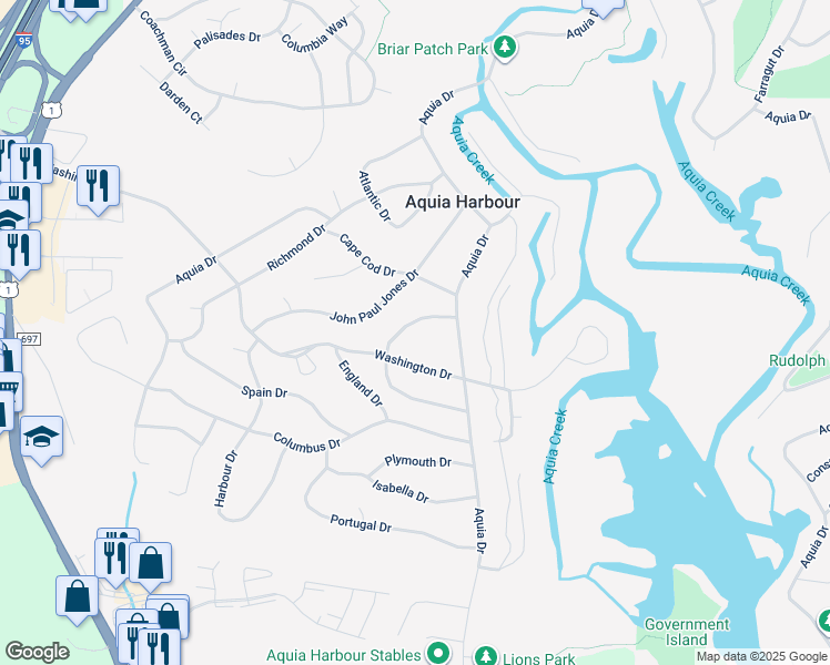 map of restaurants, bars, coffee shops, grocery stores, and more near 1107 Blackbeard Drive in Stafford