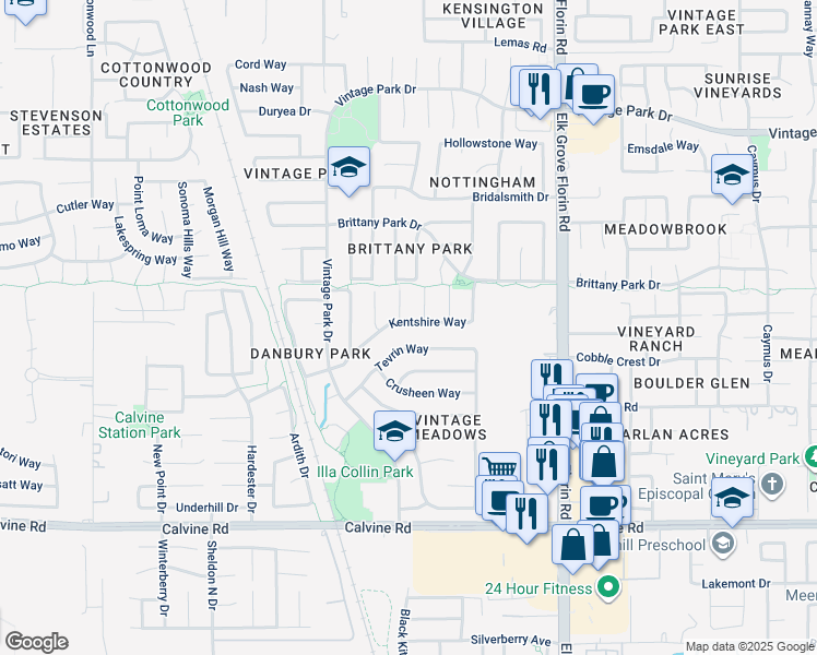 map of restaurants, bars, coffee shops, grocery stores, and more near 8748 Kentshire Way in Sacramento