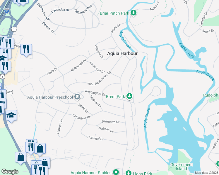 map of restaurants, bars, coffee shops, grocery stores, and more near 1107 Blackbeard Drive in Stafford