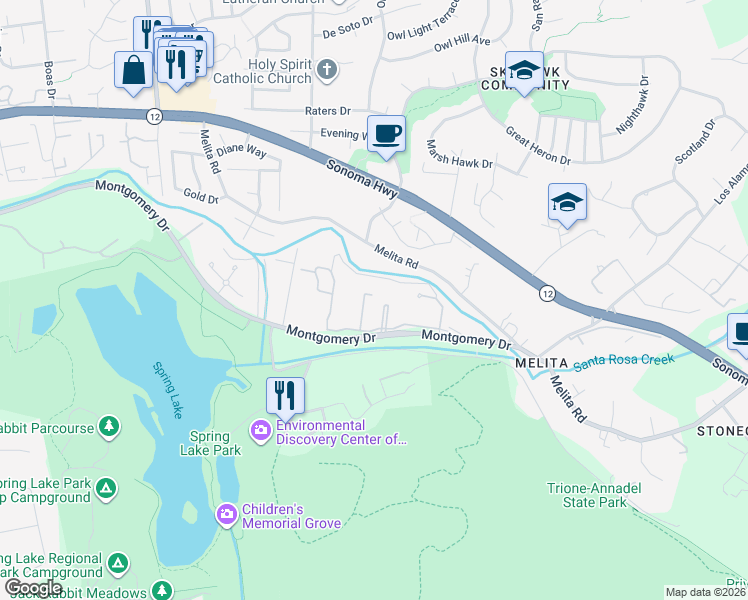 map of restaurants, bars, coffee shops, grocery stores, and more near 5555 Montgomery Dr in Santa Rosa