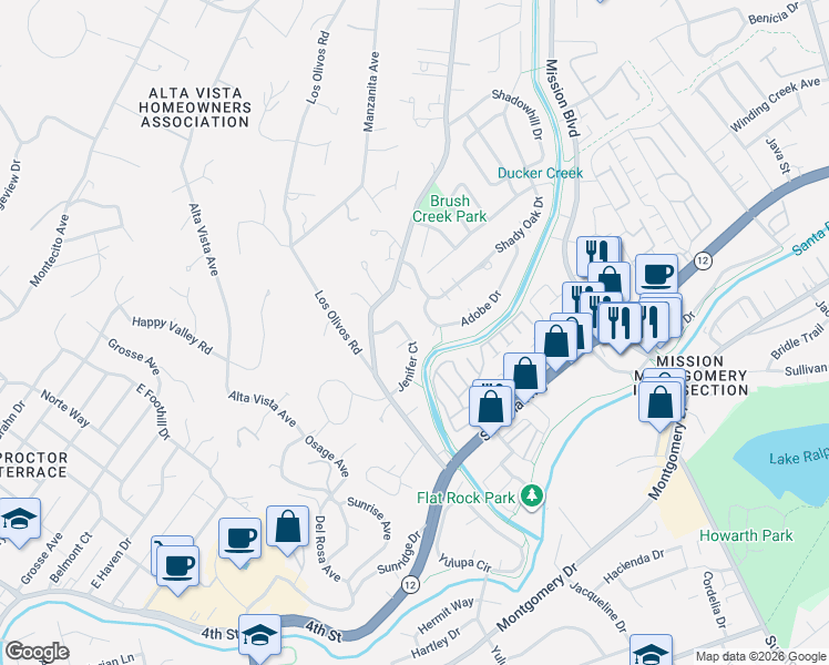 map of restaurants, bars, coffee shops, grocery stores, and more near 520 Jenifer Court in Santa Rosa