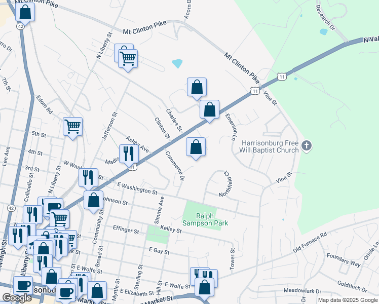 map of restaurants, bars, coffee shops, grocery stores, and more near 1151 Commercial Court in Harrisonburg