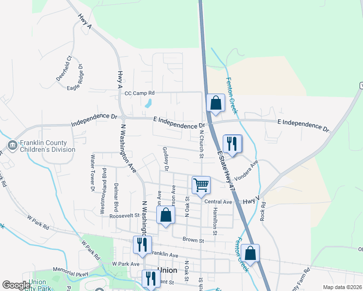 map of restaurants, bars, coffee shops, grocery stores, and more near 1309 North Church Street in Union