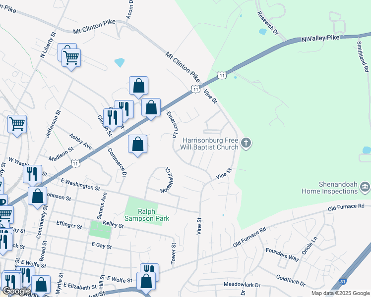 map of restaurants, bars, coffee shops, grocery stores, and more near 1223 Old Richmond Circle in Harrisonburg