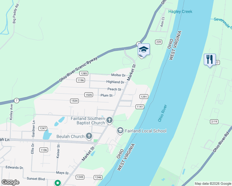 map of restaurants, bars, coffee shops, grocery stores, and more near 25 Township Road 1533 in Proctorville