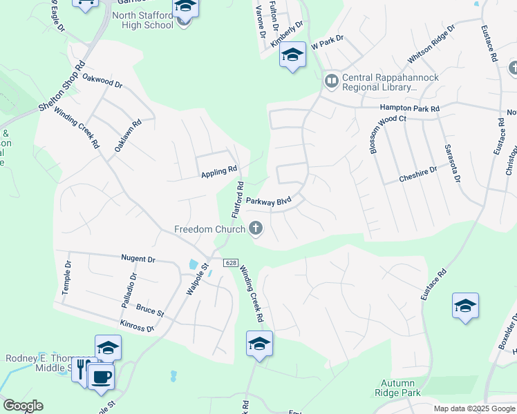 map of restaurants, bars, coffee shops, grocery stores, and more near 22 Watermill Court in Stafford