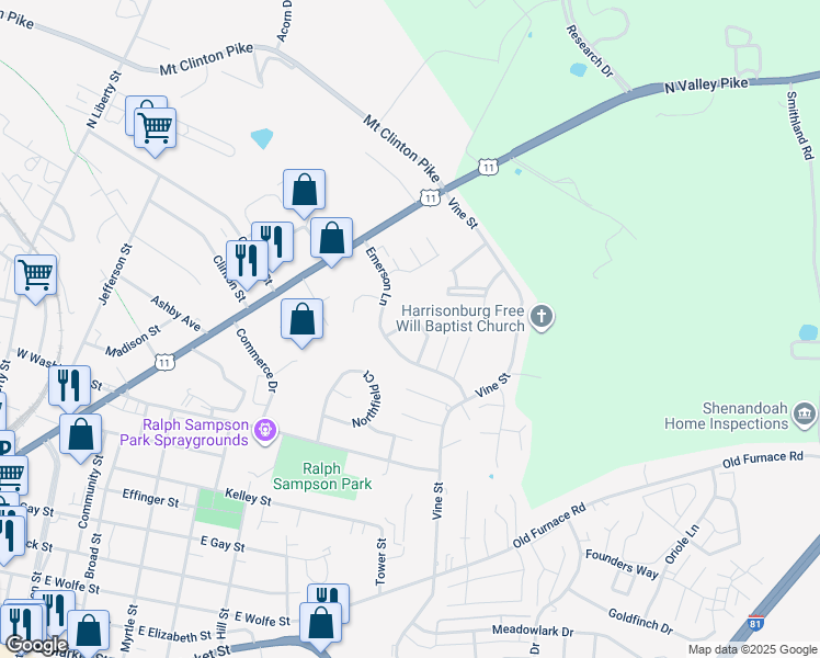 map of restaurants, bars, coffee shops, grocery stores, and more near 1225 Old Richmond Circle in Harrisonburg