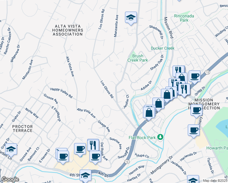 map of restaurants, bars, coffee shops, grocery stores, and more near 635 Brush Creek Road in Santa Rosa