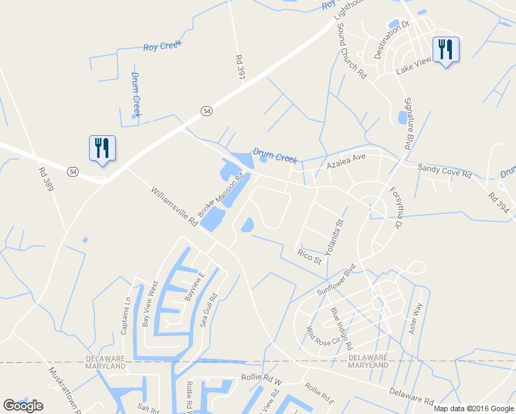 map of restaurants, bars, coffee shops, grocery stores, and more near Waterleaf Way in Selbyville