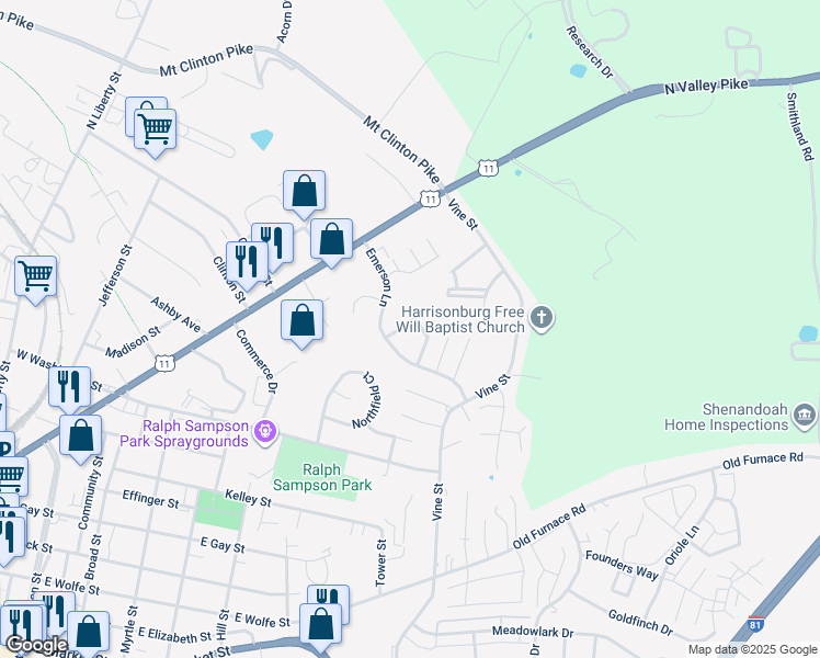 map of restaurants, bars, coffee shops, grocery stores, and more near 1225 Old Richmond Circle in Harrisonburg