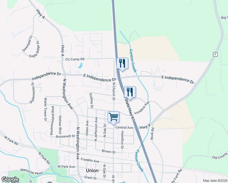 map of restaurants, bars, coffee shops, grocery stores, and more near 1309 North Church Street in Union