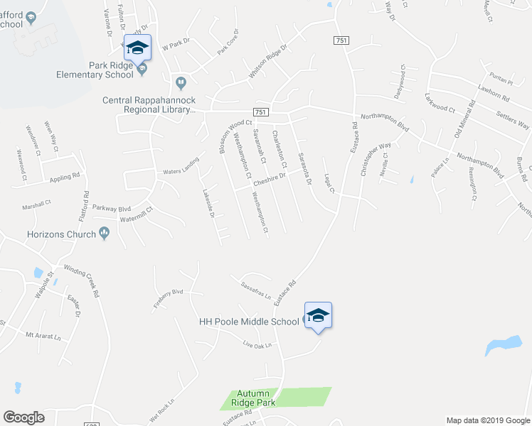 map of restaurants, bars, coffee shops, grocery stores, and more near 35 Westhampton Court in Stafford