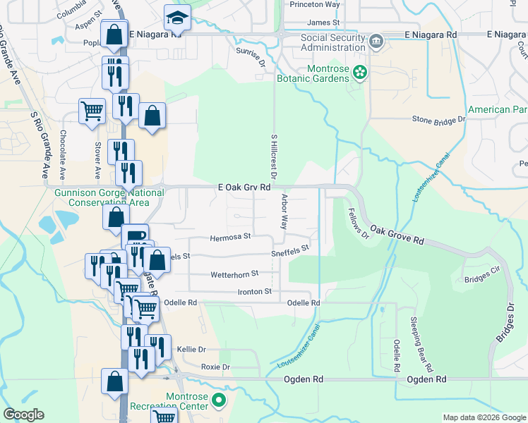 map of restaurants, bars, coffee shops, grocery stores, and more near 1694 Rheims Court in Montrose