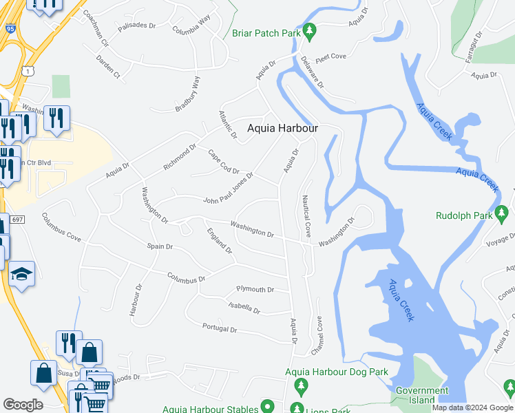 map of restaurants, bars, coffee shops, grocery stores, and more near 1109 Blackbeard Drive in Stafford