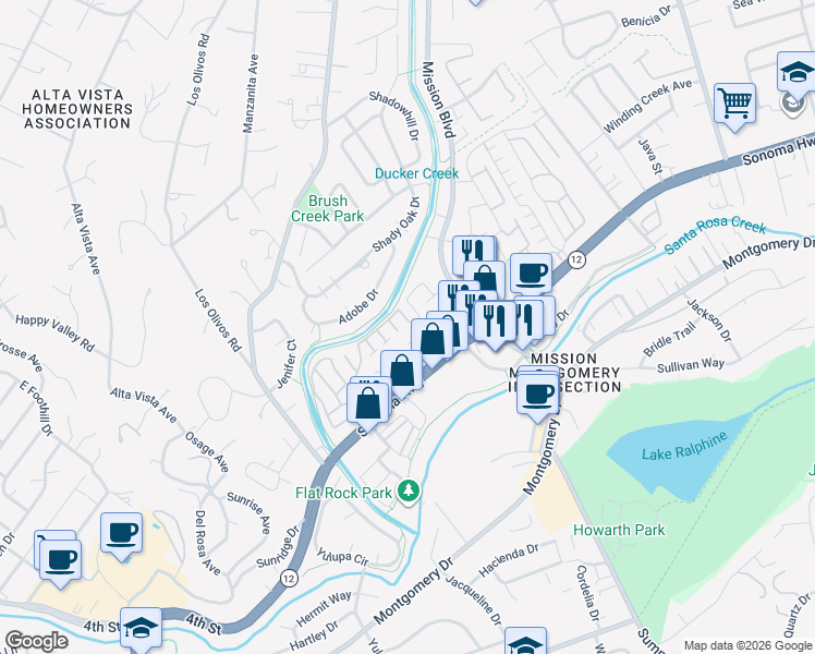 map of restaurants, bars, coffee shops, grocery stores, and more near 4311 Grant Way in Santa Rosa