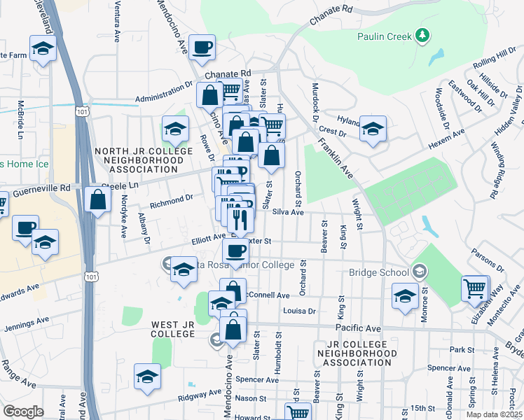 map of restaurants, bars, coffee shops, grocery stores, and more near 618 Silva Avenue in Santa Rosa