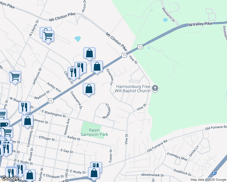 map of restaurants, bars, coffee shops, grocery stores, and more near 1211 Old Richmond Circle in Harrisonburg