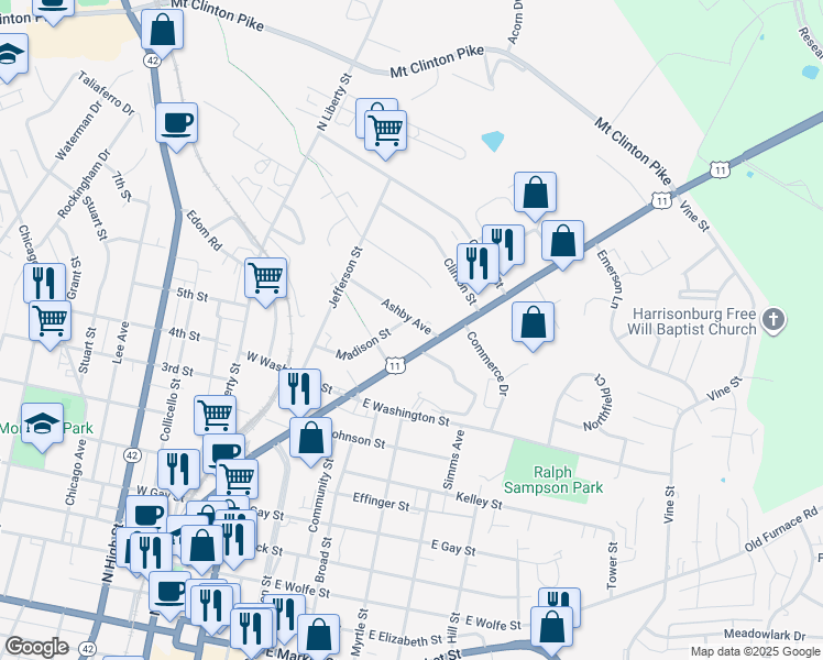 map of restaurants, bars, coffee shops, grocery stores, and more near 854 Madison Street in Harrisonburg