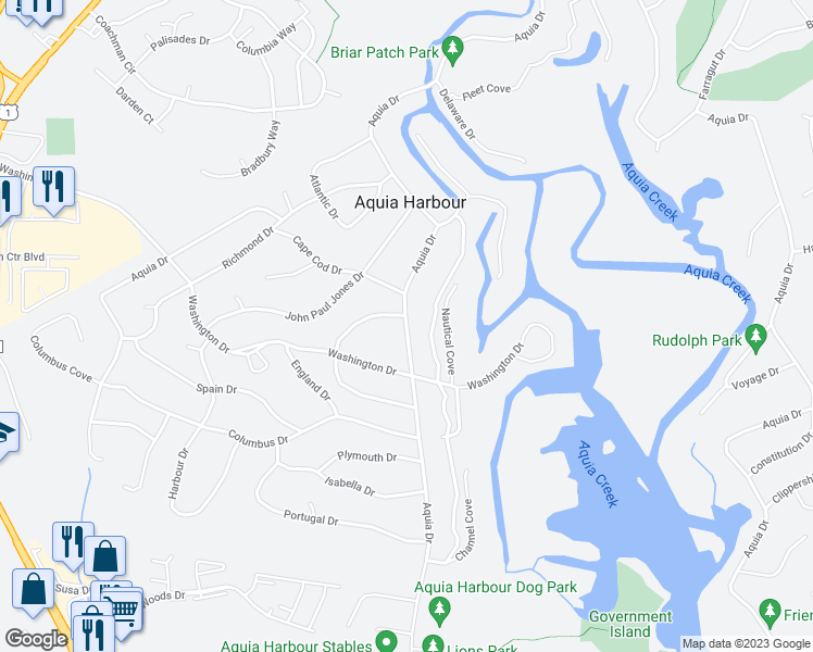 map of restaurants, bars, coffee shops, grocery stores, and more near 1308 Aquia Drive in Stafford