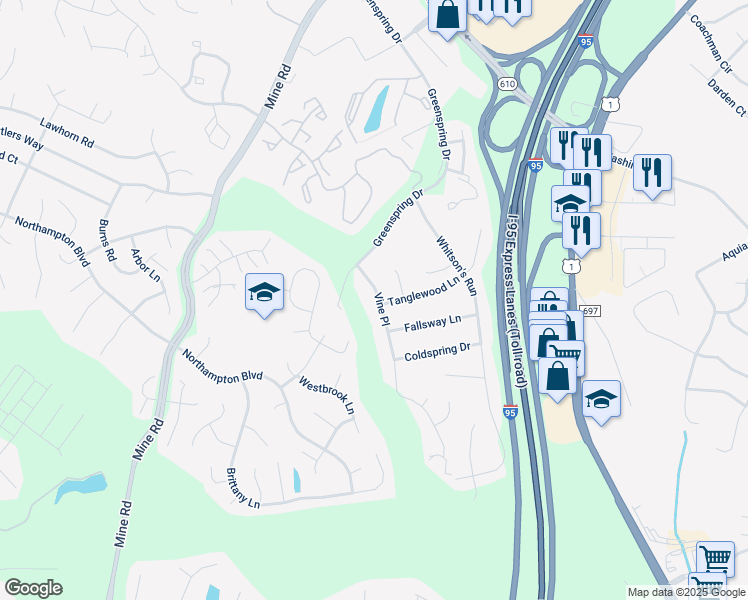 map of restaurants, bars, coffee shops, grocery stores, and more near 209 Vine Place in Stafford