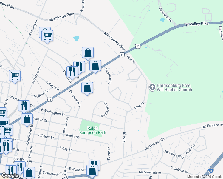 map of restaurants, bars, coffee shops, grocery stores, and more near 1211 Old Richmond Circle in Harrisonburg