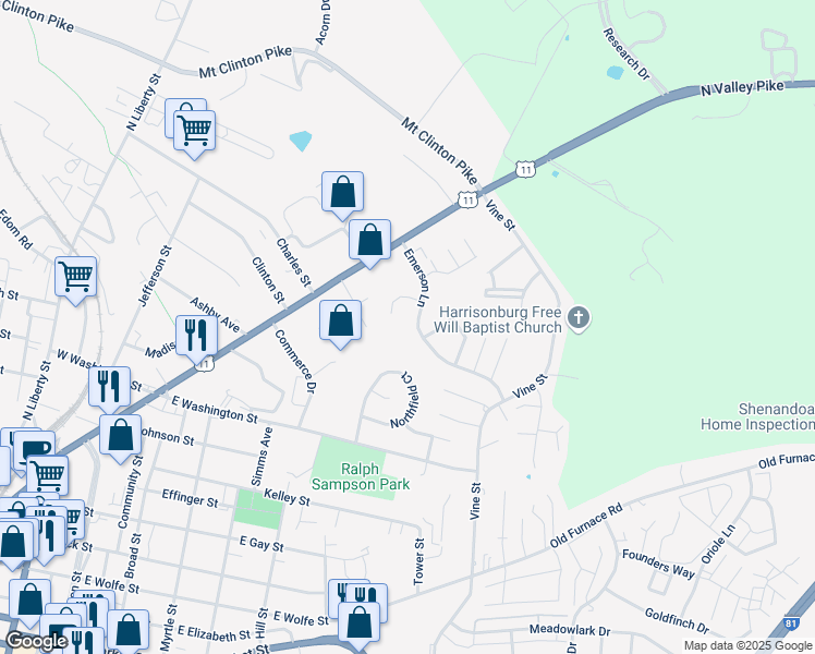map of restaurants, bars, coffee shops, grocery stores, and more near 223 Emerson Lane in Harrisonburg