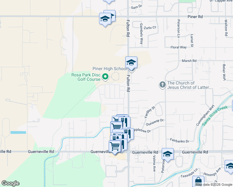 map of restaurants, bars, coffee shops, grocery stores, and more near 2539 Red Willow Drive in Santa Rosa