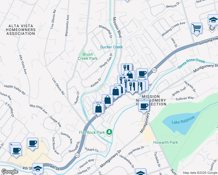 map of restaurants, bars, coffee shops, grocery stores, and more near 4311 Grant Way in Santa Rosa