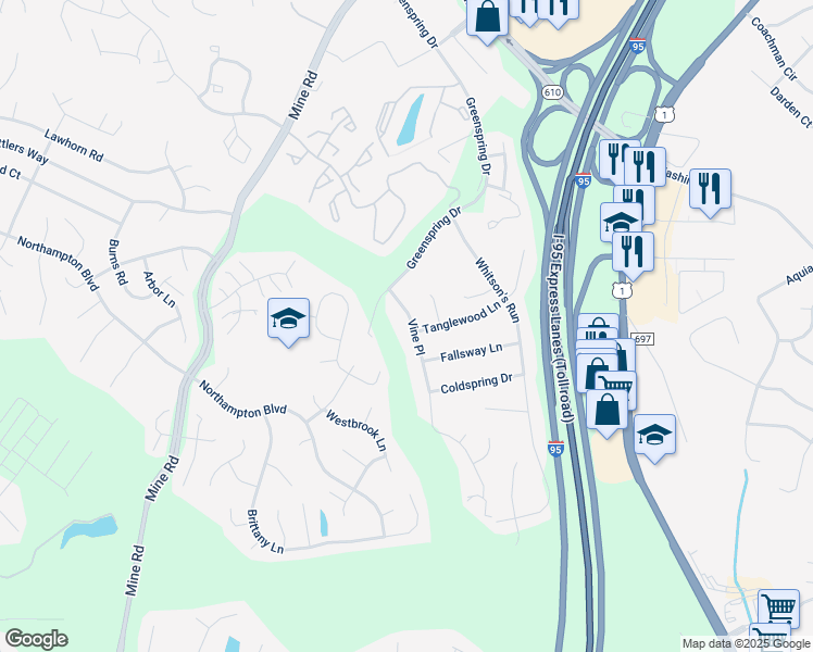 map of restaurants, bars, coffee shops, grocery stores, and more near 209 Vine Place in Stafford