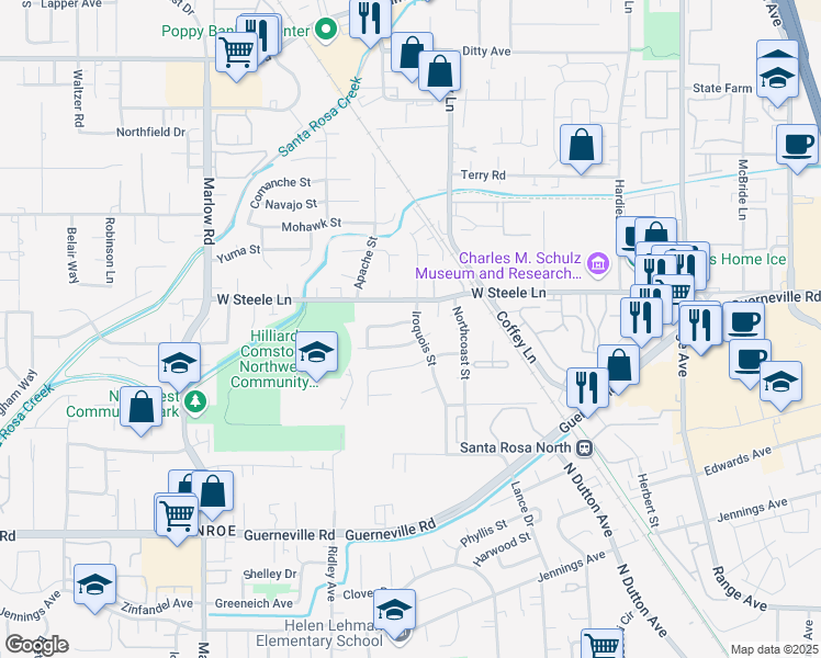 map of restaurants, bars, coffee shops, grocery stores, and more near 2709 Iroquois Street in Santa Rosa